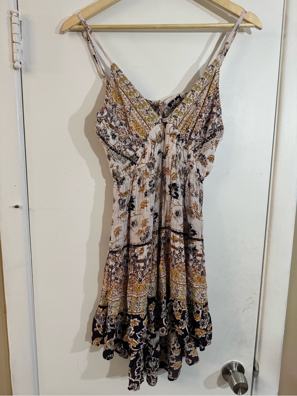 Boho Floral Spaghetti-Strap Dress in Beige and Mustard